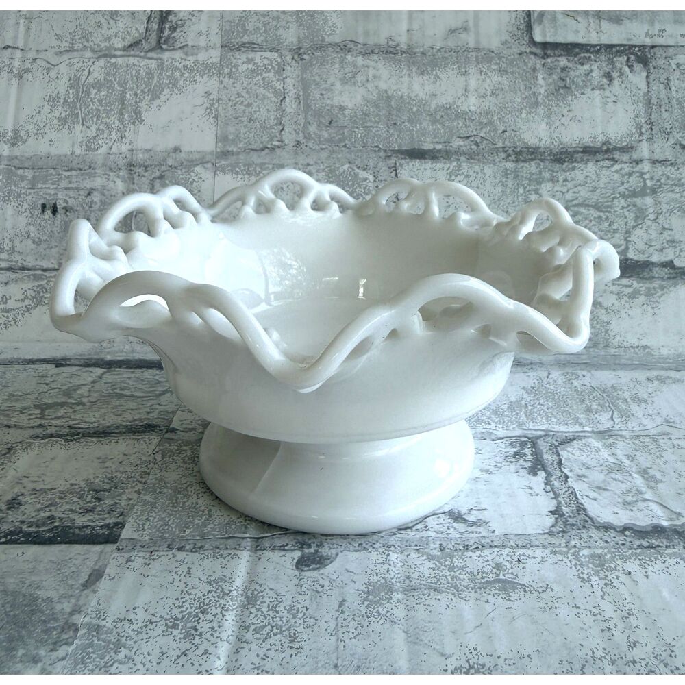 VTG Imperial Glass Co Milk Glass Crocheted Lace Edge Ruffled Bowl